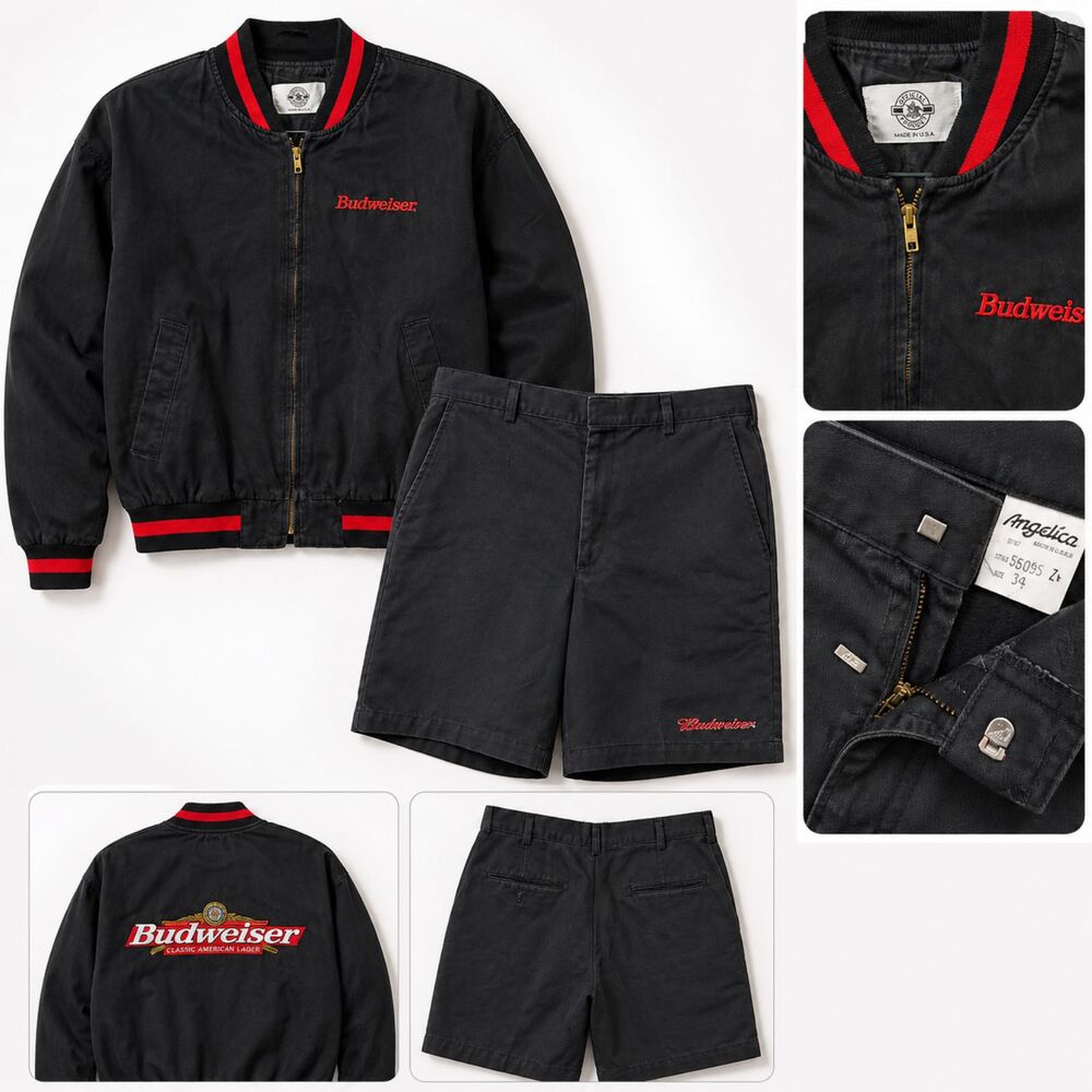 Vintage 90s Budweiser Embroidered Bomber Jacket & Shorts Bundle
